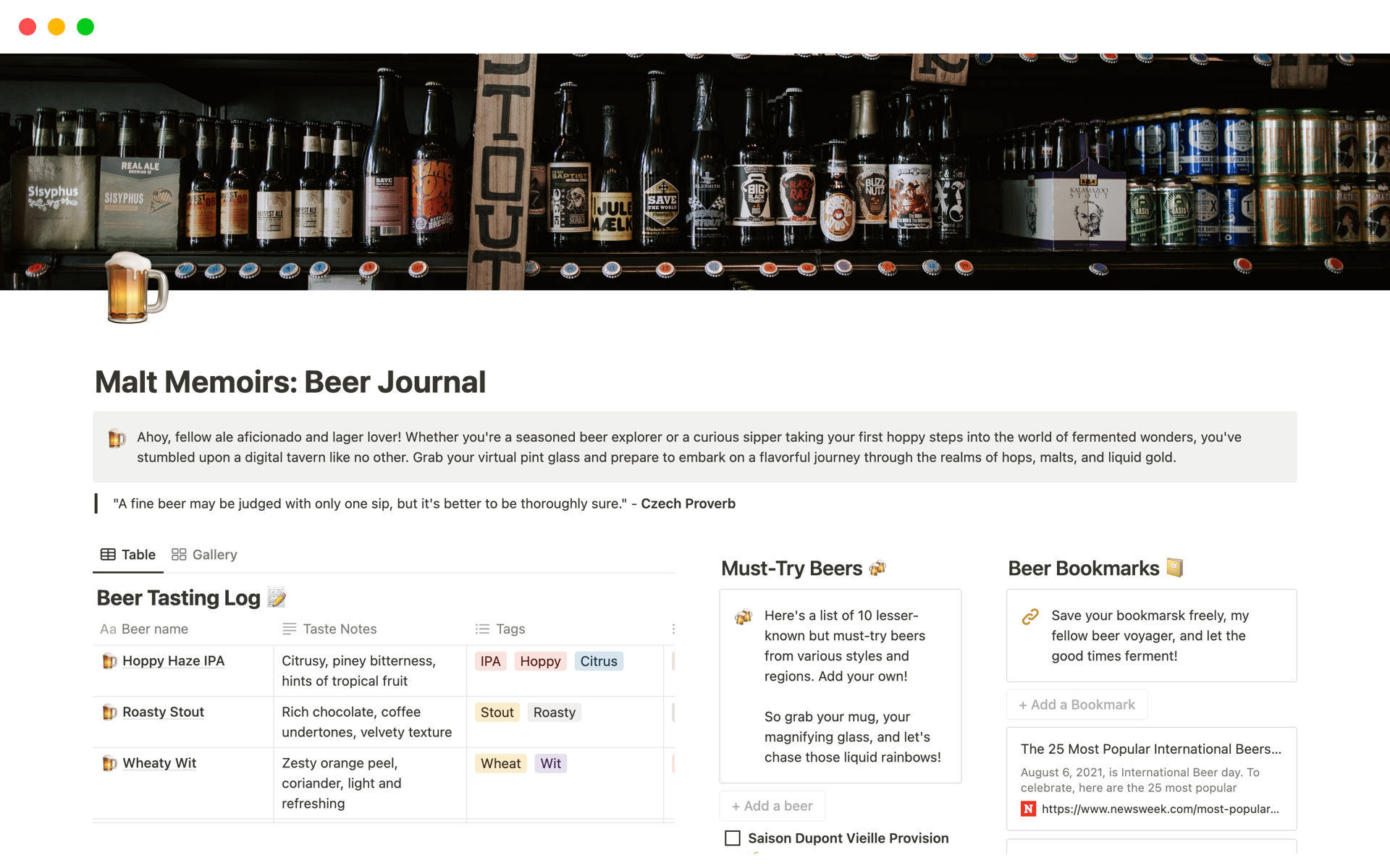 Eine Vorlagenvorschau für Malt Memoirs: Beer Journal