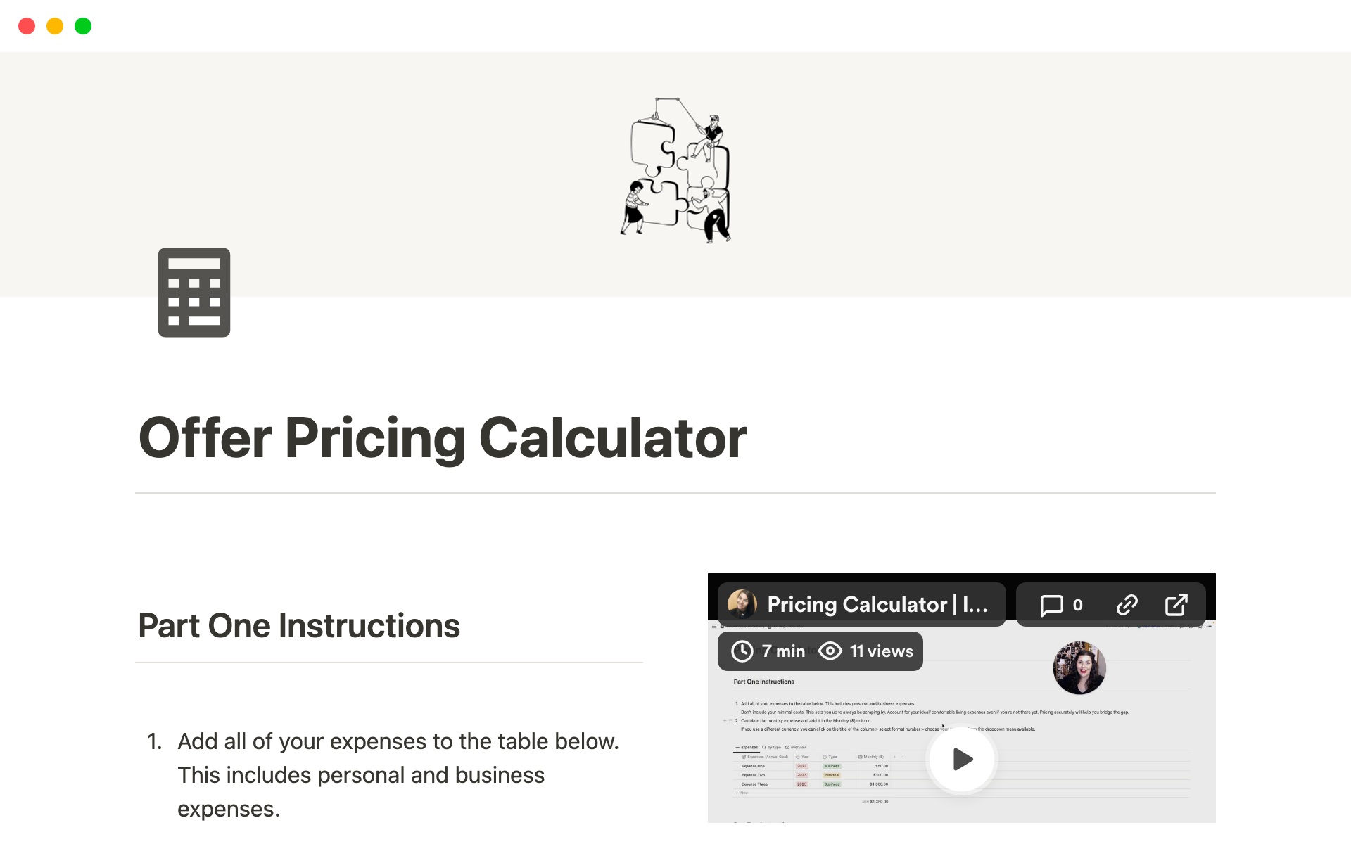 Eine Vorlagenvorschau für Offer Pricing Calculator