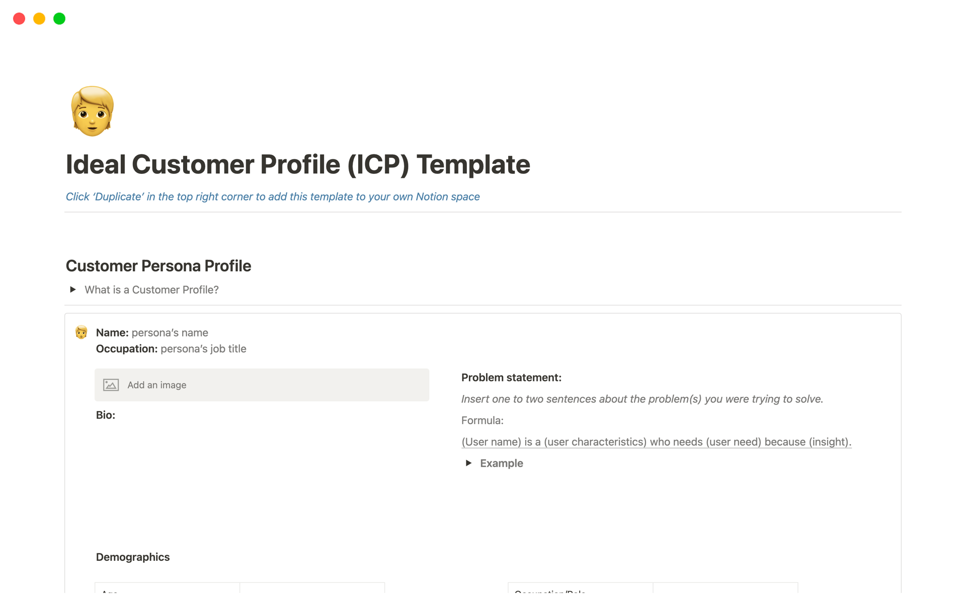 A template preview for Ideal Customer Profile (ICP)