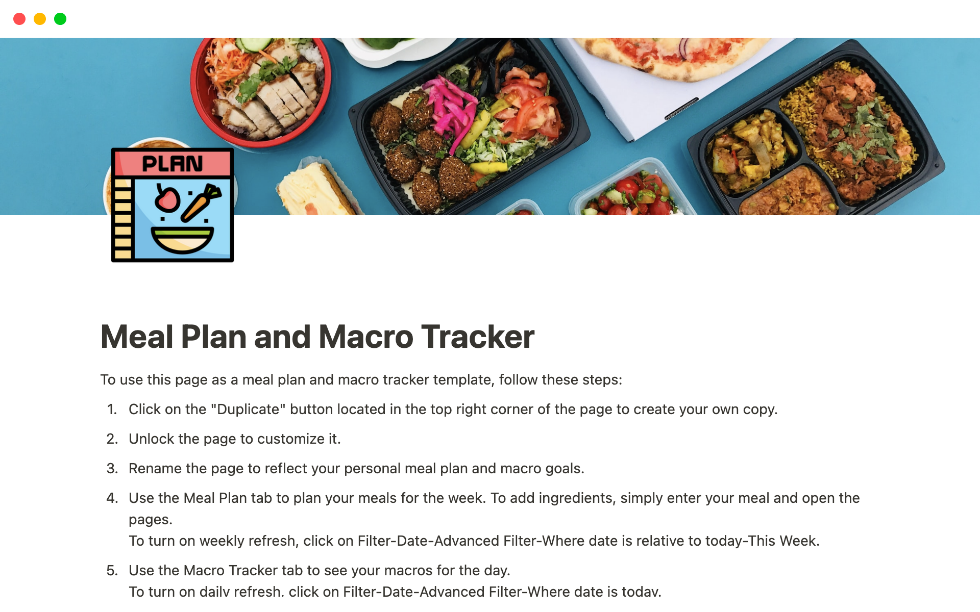 Vista previa de plantilla para Meal Plan and Macro Tracker