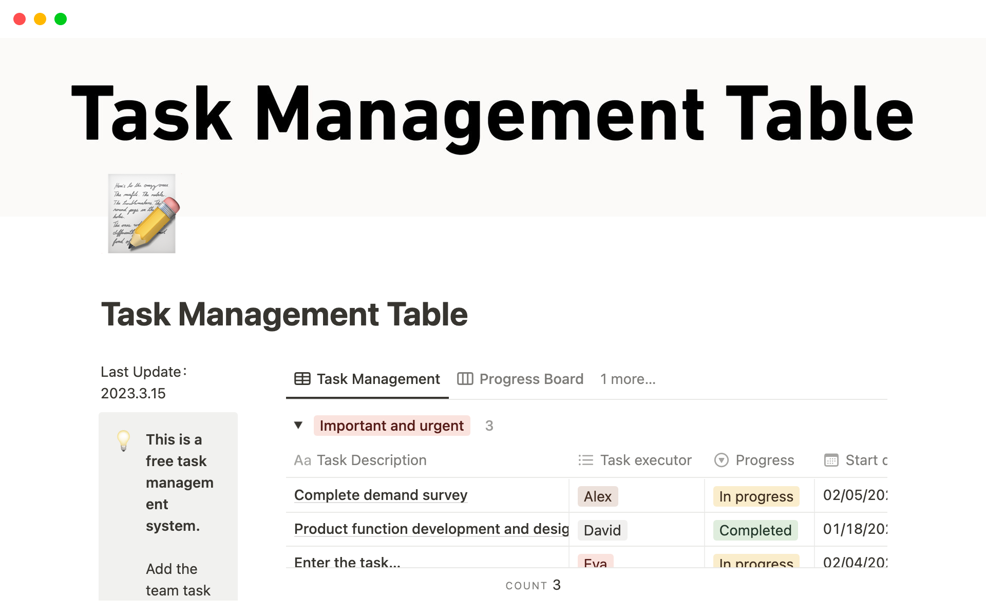 Vista previa de una plantilla para Task Management Table