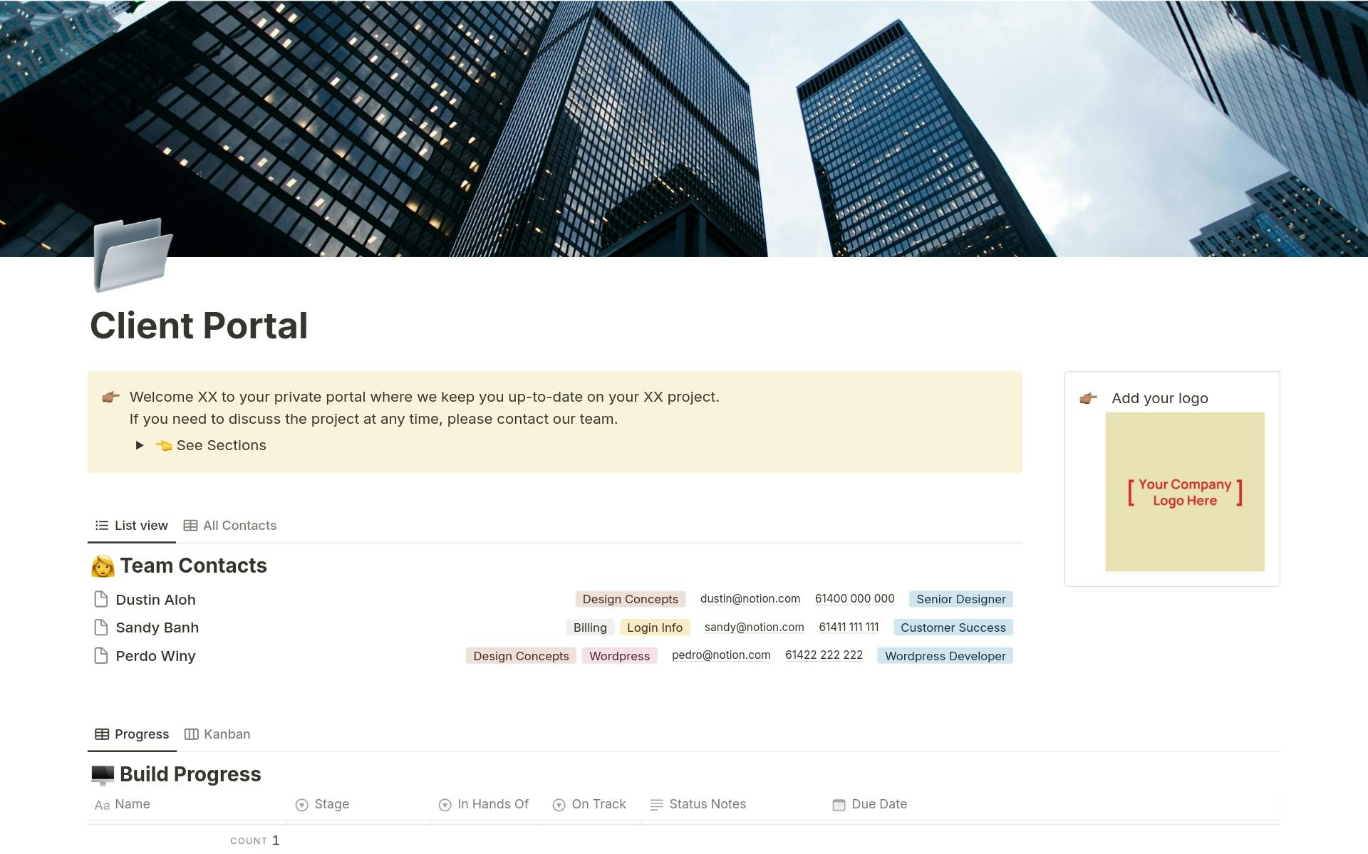 A template preview for Client Portal