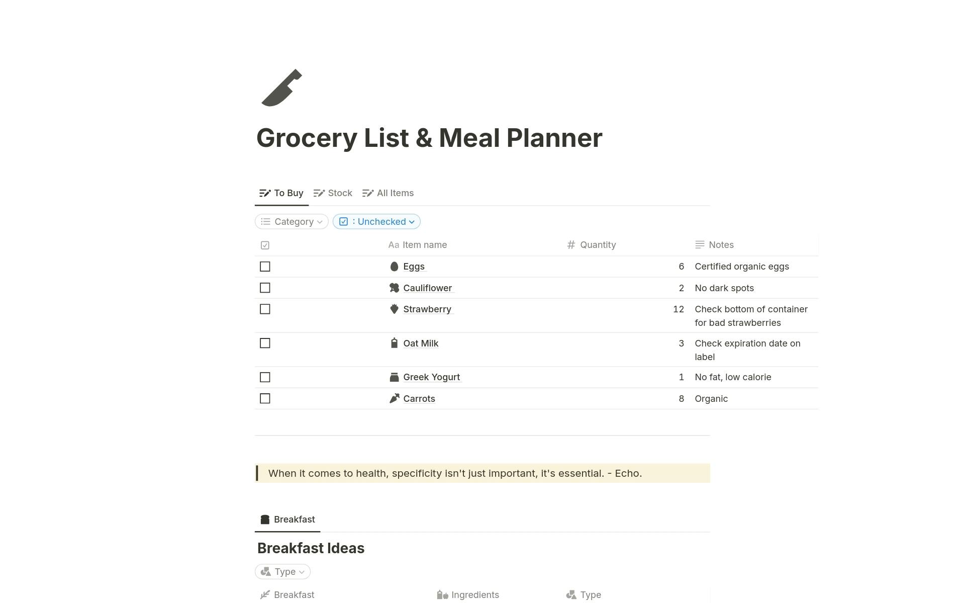 Eine Vorlagenvorschau für Grocery List and Meal Planner