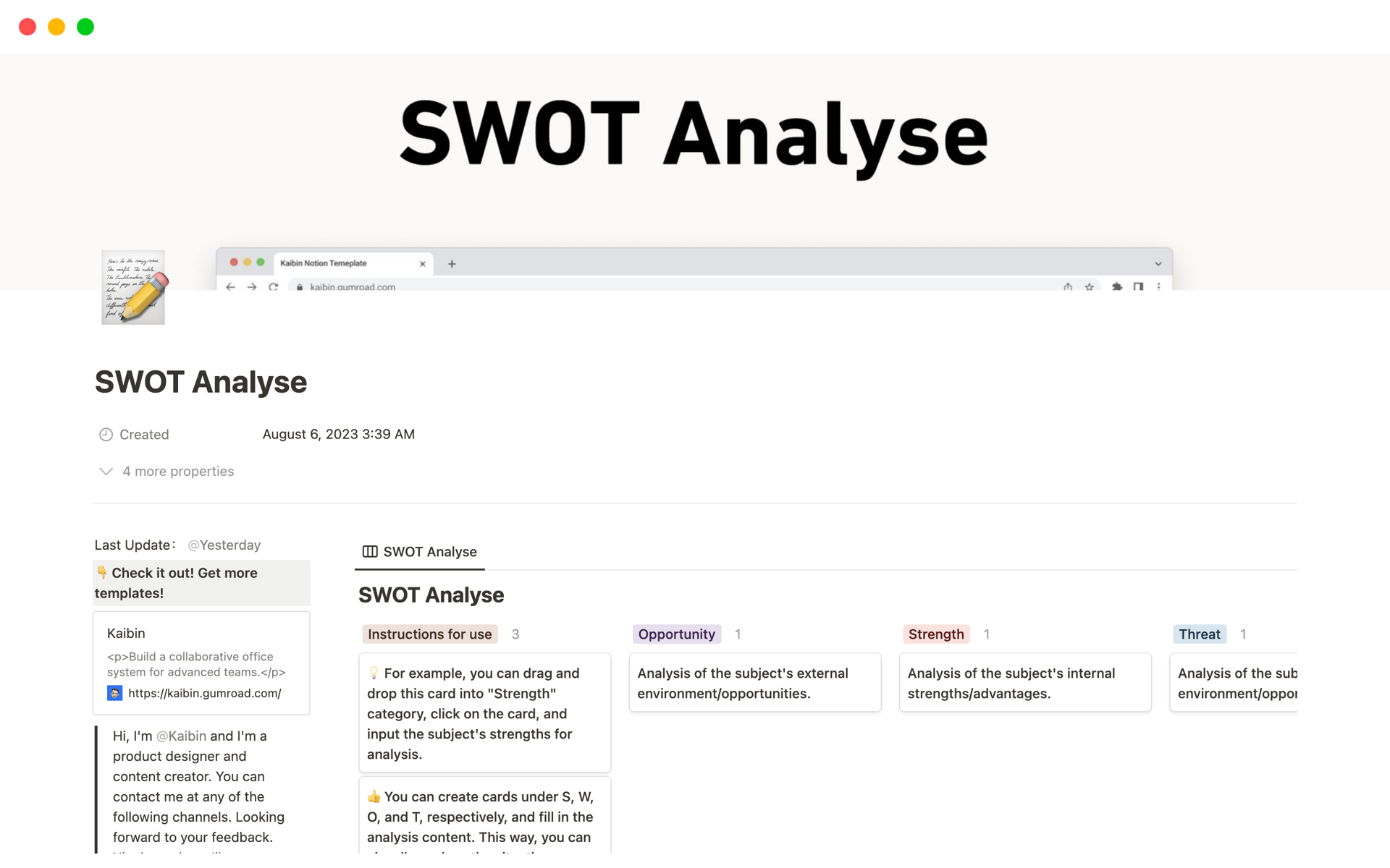 Vista previa de una plantilla para SWOT Analyse