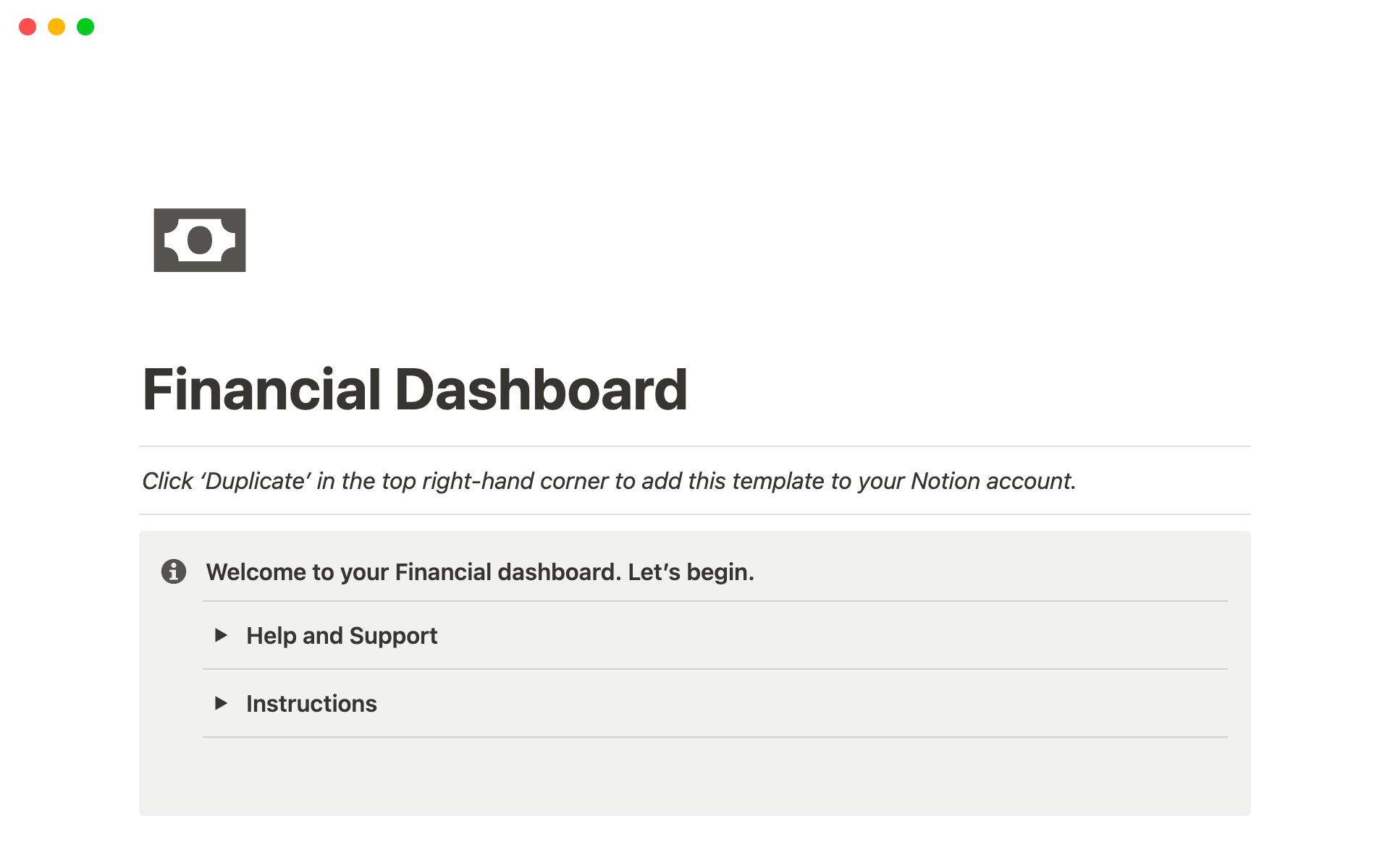 Eine Vorlagenvorschau für Financial Dashboard