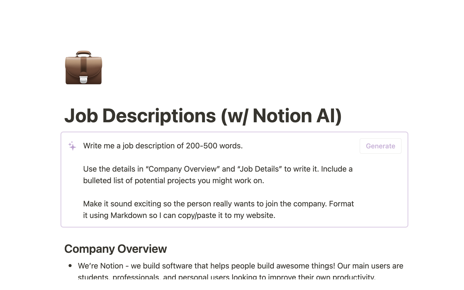 Vista previa de plantilla para AI Job Description Writer