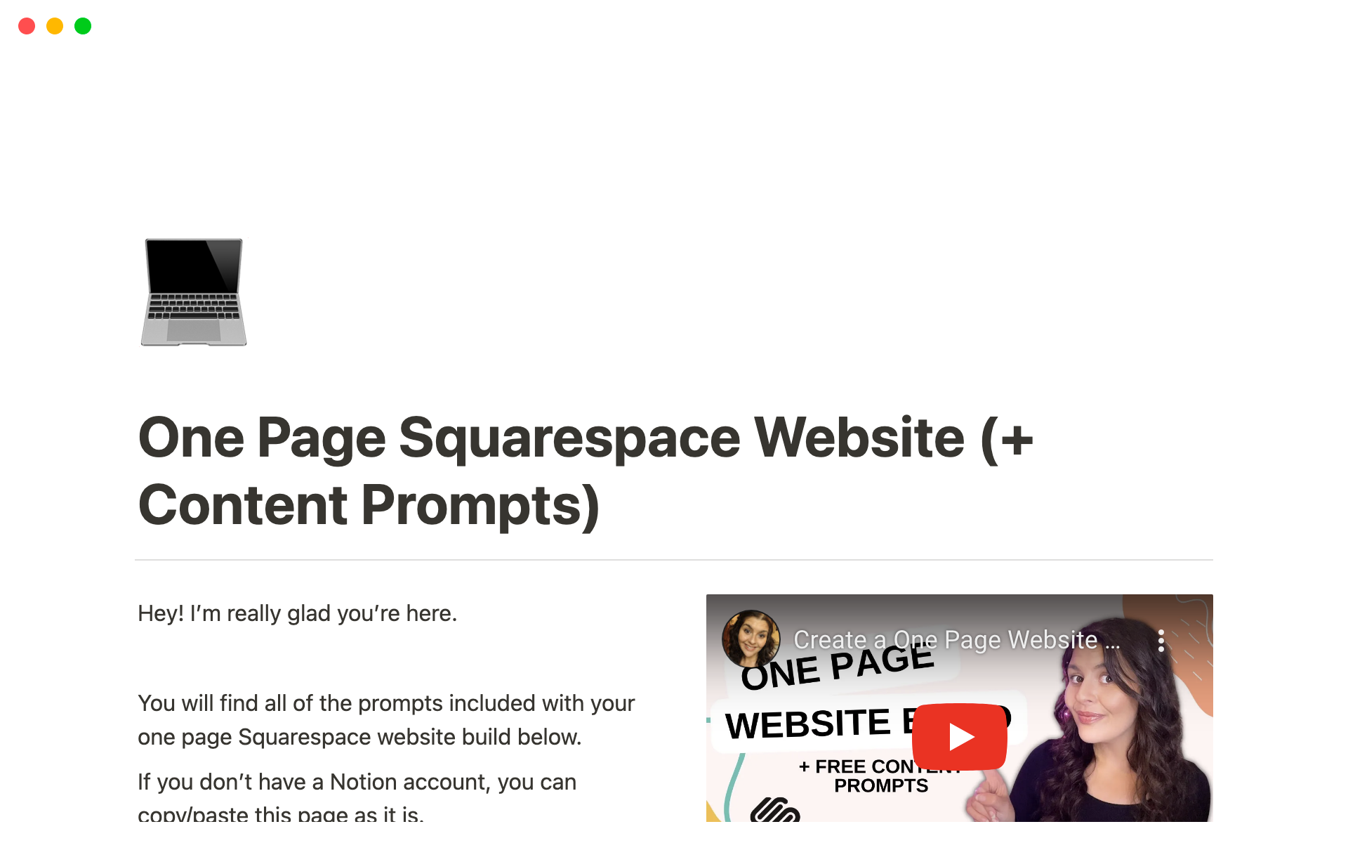 Eine Vorlagenvorschau für One Page Squarespace Website (+ Content Prompts)