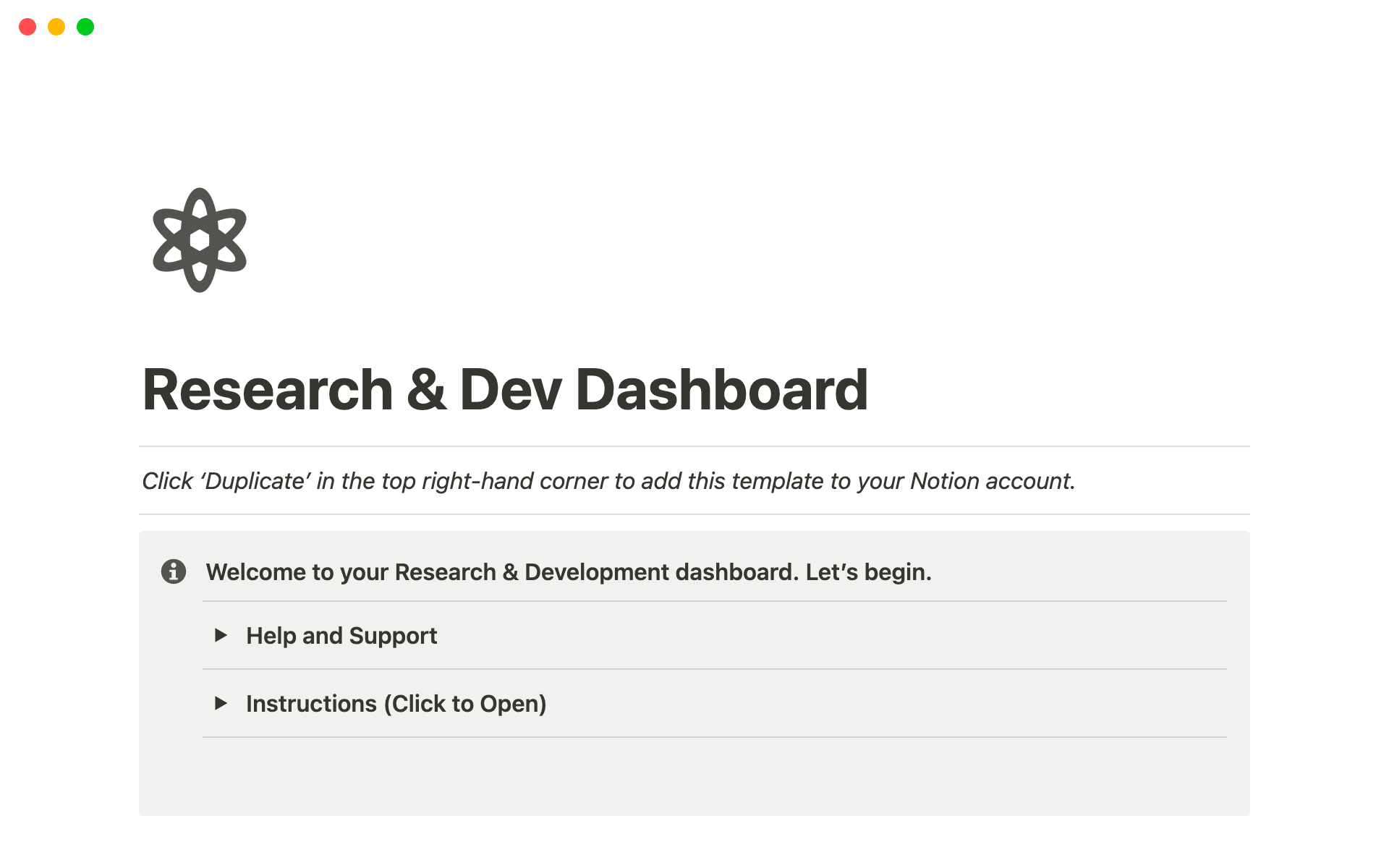 Vista previa de una plantilla para Research & Dev Dashboard
